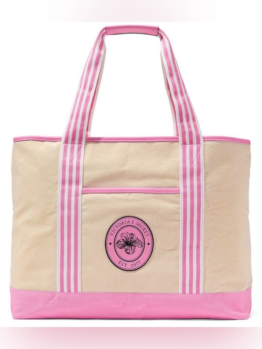 NEW Victoria's Secret Summer 2026 Canvas Tote Pink Trim & Striped Handle Bag